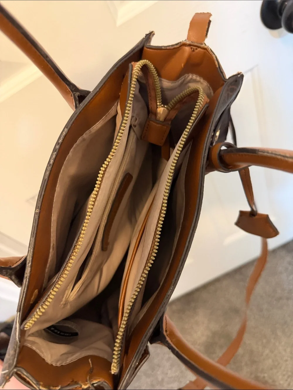 Nine West Brown Monogram Satchel with Tan Trim
